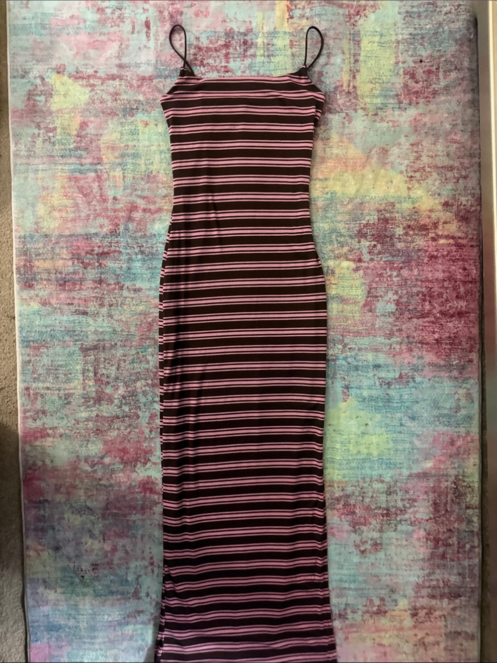 Striped Pink and Black Spaghetti-Strap Maxi Dress